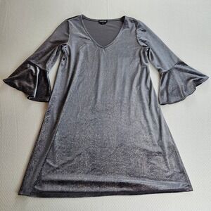 Bebe Silver Metallic Glitter Bell Sleeve V-Neck Shift Dress S Made in USA Party